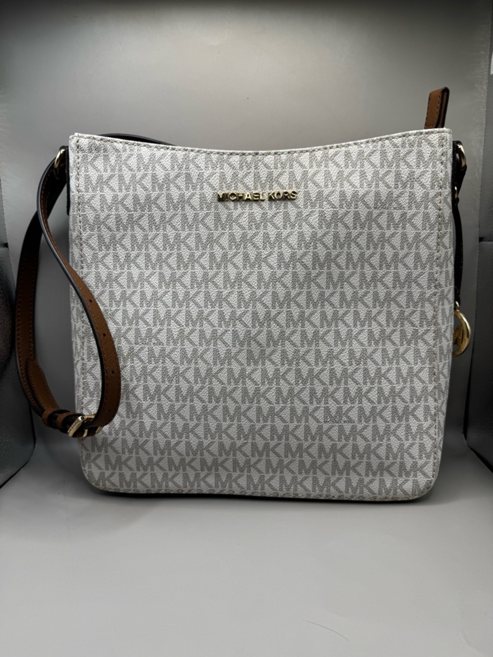 Michael Kors White Monogram Crossbody with Brown Strap
